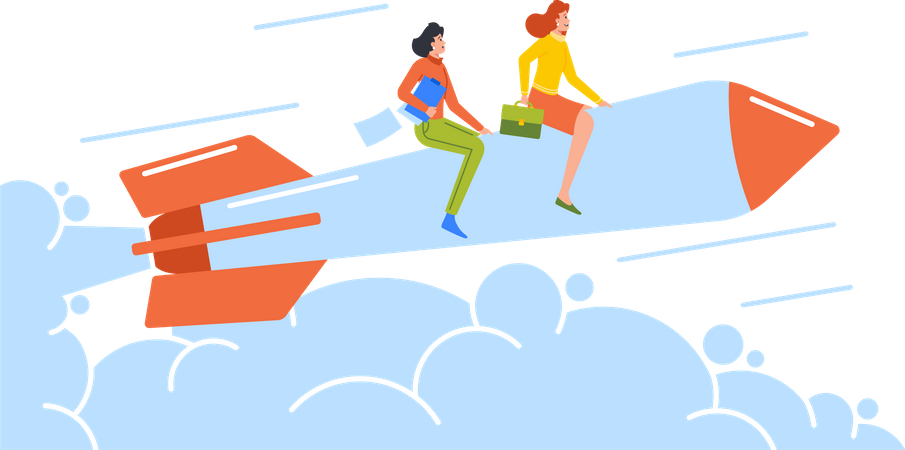 Team Of Entrepreneurs Flying Up On Rocket Achieving Goals  Illustration