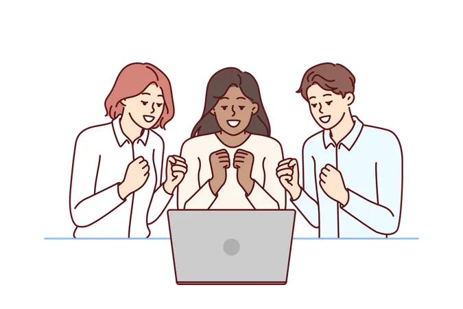 Team Of Excited Friends Sitting Near Laptop And Watching Football Match Together Team Of Man And Two Girls Watch Video Broadcast And Clench Fists Wanting To Hear Important News Via Video Link Illustration