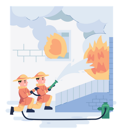 Team of firefighter putting down the fire using fire hydrant Illustration