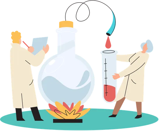 Team of laboratory assistants in uniform with test tubes Illustration