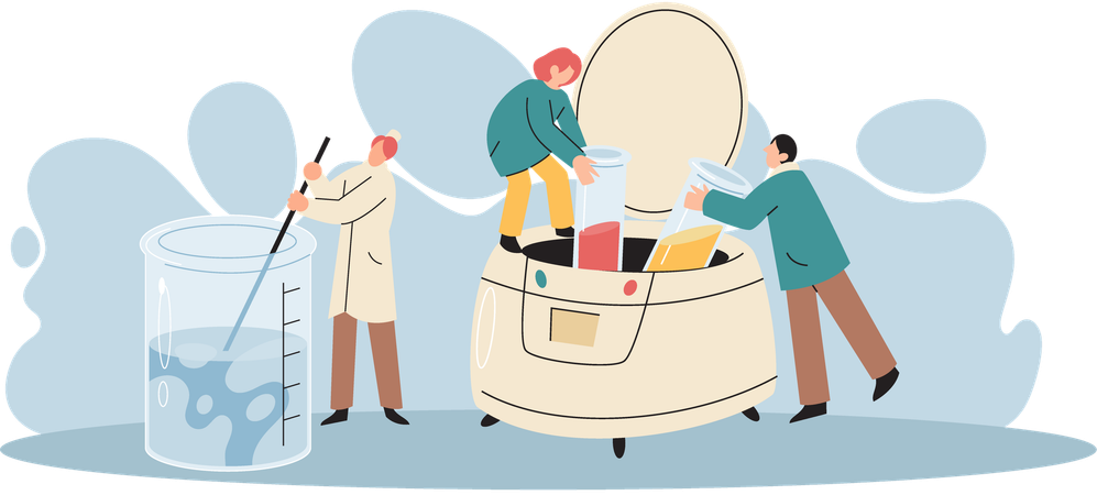 Team of laboratory assistants in uniform with test tubes  Illustration