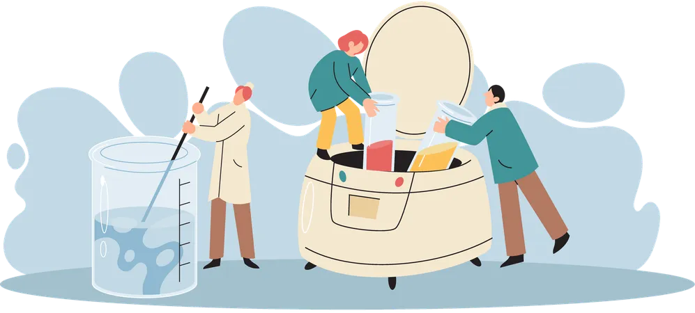Team of laboratory assistants in uniform with test tubes  Illustration