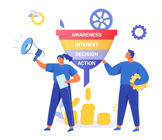 Team of marketers work with marketing funnel  Illustration