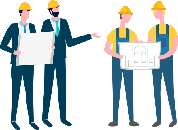 People Reading Plans And Schemes Of Building Vector Isolated Team Of Workers Businessman Wearing Formal Clothes And Workmen With Helmets Flat Style Illustration