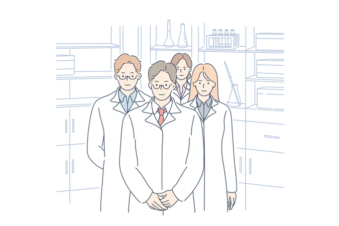 Healthcare Medicine Team Leadership Concept Group Of Young Smiling Confident Men And Women Doctors Colleagues Cartoon Characters Standing In Lab Medical Workers Looking At Camera Illustration Illustration