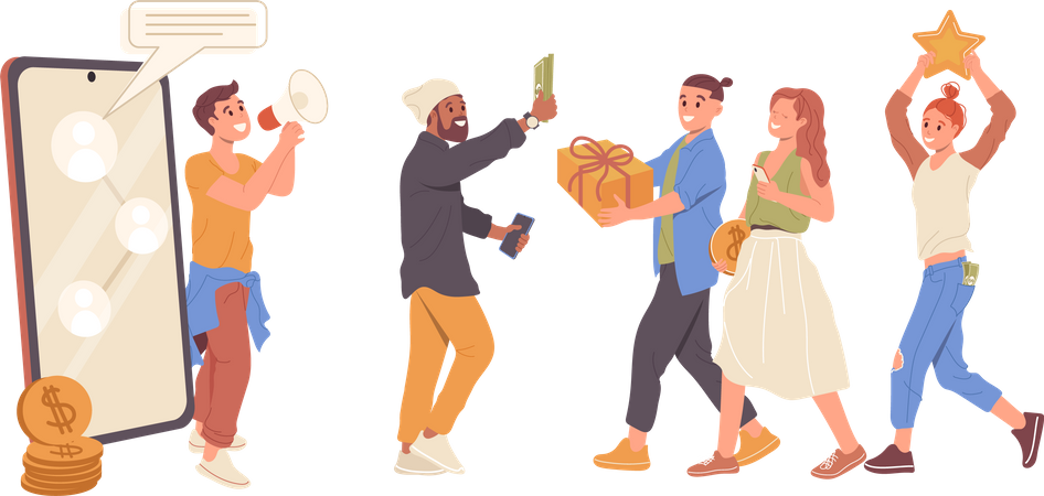 Team of salesman attracting audience by referral program  Illustration