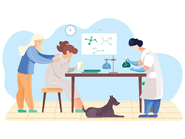 Set Of Illustrations About Chemical Research And Playing Games With Parents Science And Entertainment Concept The Girl Is Looking Through A Microscope Guy Drips From Pipette Into A Test Tube Illustration