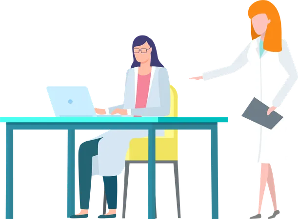 Woman In Laboratory Working On Computer Vector Isolated Team Of Scientists Conducting Research Lady With Clipboard Female Character With Laptop Illustration