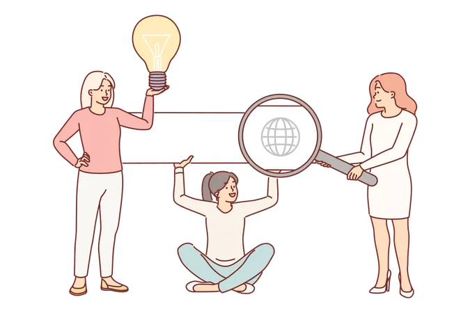 Team Of SEO Specialists Are Engaged In Search Engine Optimization Of Website And Hold Magnifying Glass And Light Bulb In Hands Three Women Recommend SEO For Your Product To Increase Search Traffic Illustration