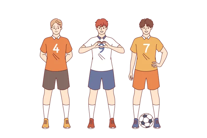 Team of soccer players plays in professional league and poses in sports uniforms with numbers  Illustration