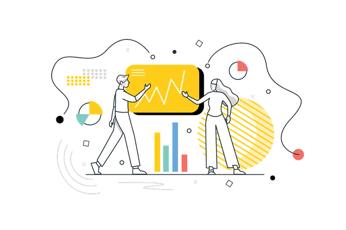 Team of specialists works with data in form of tables and charts  Illustration