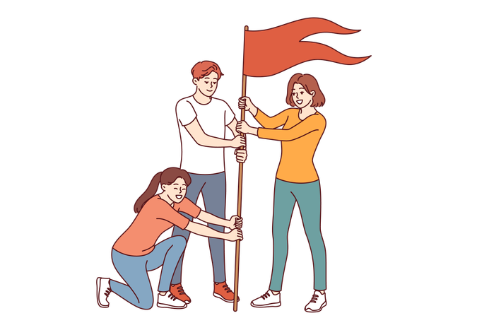 Team of successful people plants victory flag symbolizing excellent teamwork and personal growth  Illustration