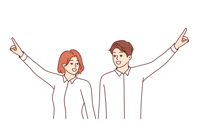 두 명의 사업가 팀이 승리의 상징으로 손을 들어 위를 가리키고 더 높은 목표를 향해 나아갑니다.  일러스트레이션