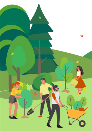 Team of volunteers planting trees in park  Illustration