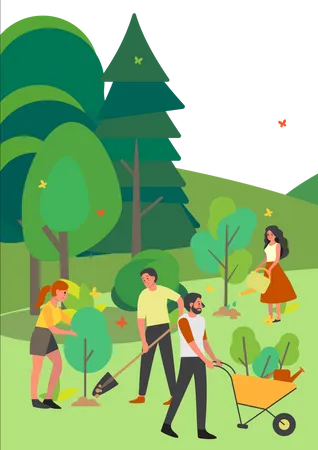 Team of volunteers planting trees in park  Illustration