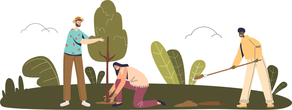 Team of volunteers planting trees in park  Illustration