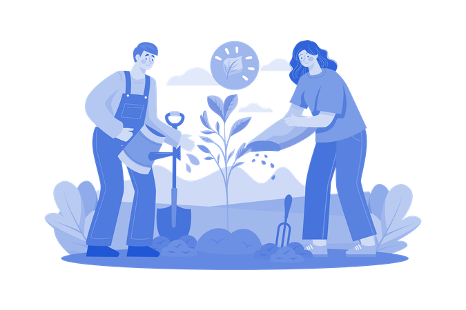 Team Of Volunteers Planting Trees In The Park  Illustration