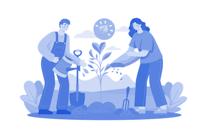 Team Of Volunteers Planting Trees In The Park Illustration