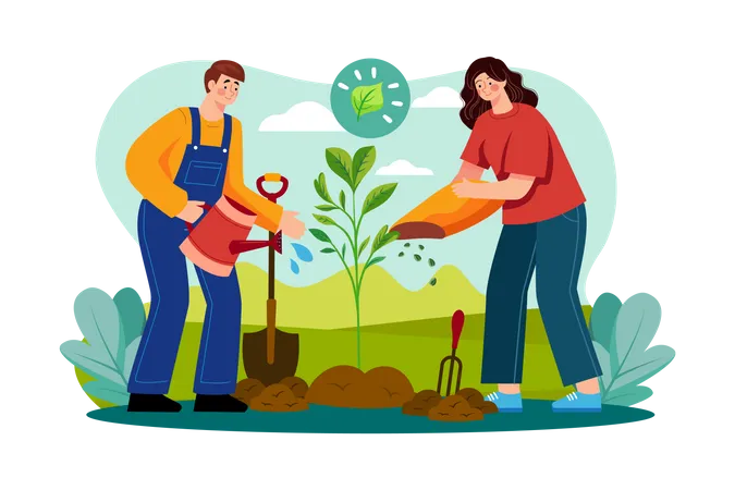 Team Of Volunteers Planting Trees In The Park  Illustration