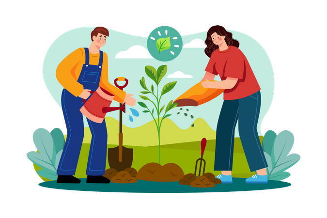 Team Of Volunteers Planting Trees In The Park  Illustration