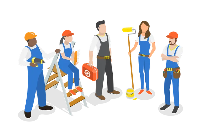3 D Isometric Flat Vector Conceptual Illustration Of Team Of Workers Set Of Working Professions Illustration