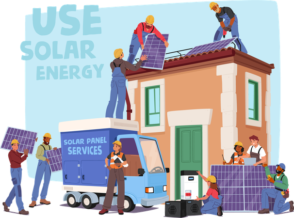 Team Of Workers Installing Solar Panels On Residential House Rooftop  Illustration