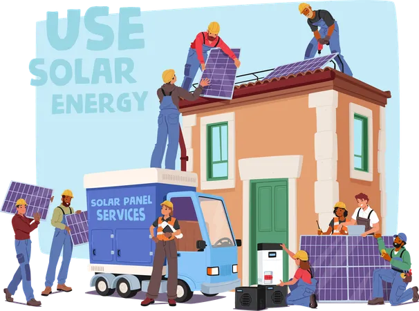 Team Of Workers Installing Solar Panels On Residential House Rooftop  Illustration