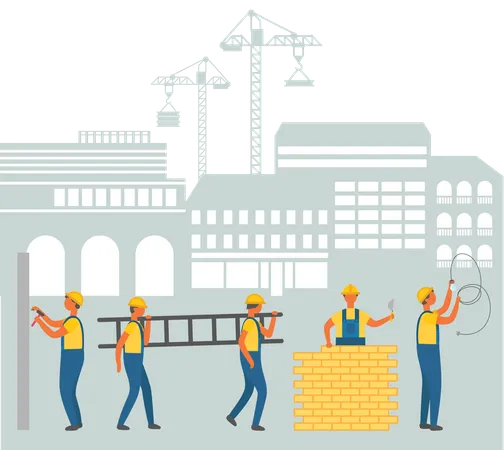 Team of Workmen on Construction Area Cityscape  Illustration