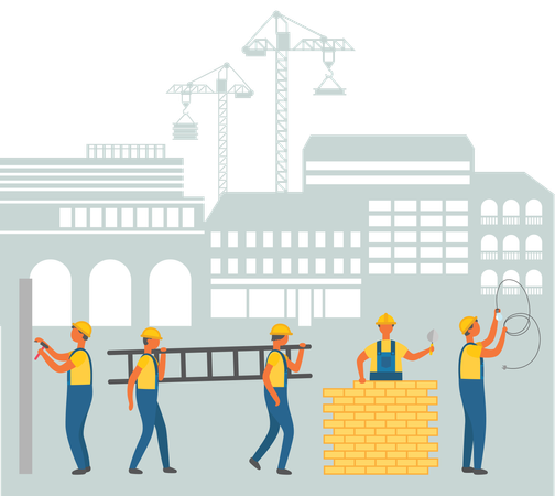 Team of Workmen on Construction Area Cityscape  Illustration