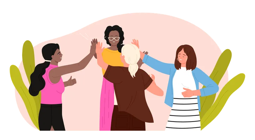 Happy Female Friends Give High Five Together Vector Illustration Cartoon Team Of Young Women With Joy Showing Positive Gesture Of Trust And Support Friendship And Sisterhood Meeting Of Girlfriends Illustration