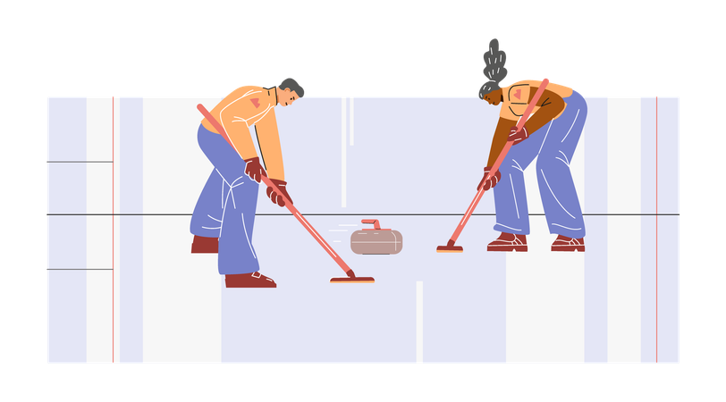 Team playing curling sport game on ice rink  Illustration