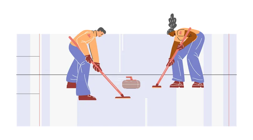 Team playing curling sport game on ice rink  Illustration