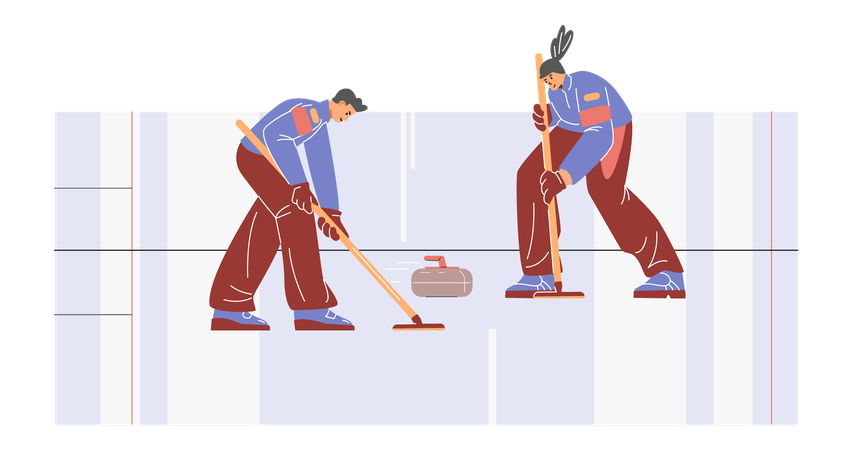 Team playing curling sport game on ice rink  Illustration