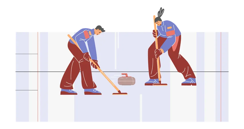 Team playing curling sport game on ice rink  Illustration