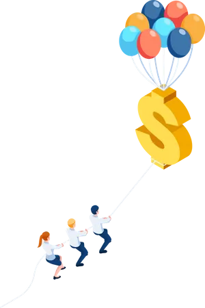 Team pulling floating dollar sign with balloon Illustration