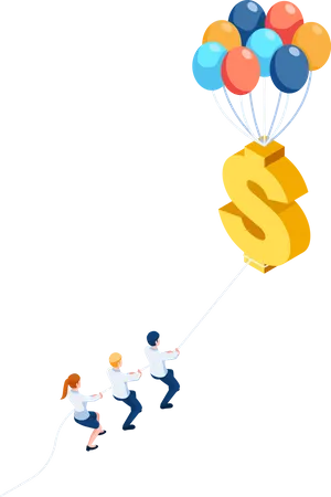 Team pulling floating dollar sign with balloon  Illustration