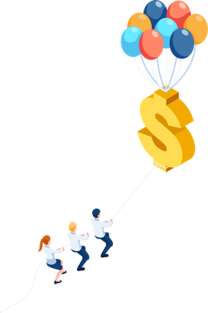 Team pulling floating dollar sign with balloon  Illustration
