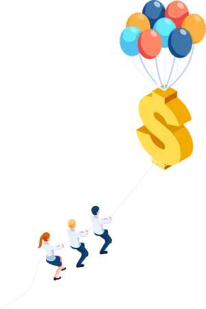 Team pulling floating dollar sign with balloon  Illustration