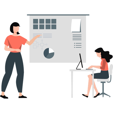 Team reviewing company performance on bar chart  Illustration