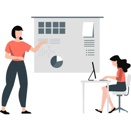 Team reviewing company performance on bar chart  Illustration