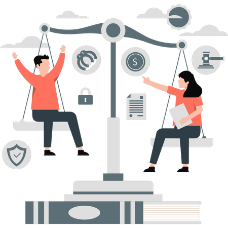 Team sit on balance scale and discuss business ethics  Illustration