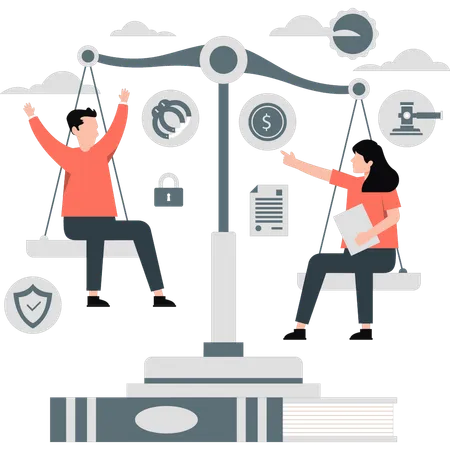 Team sit on balance scale and discuss business ethics  Illustration