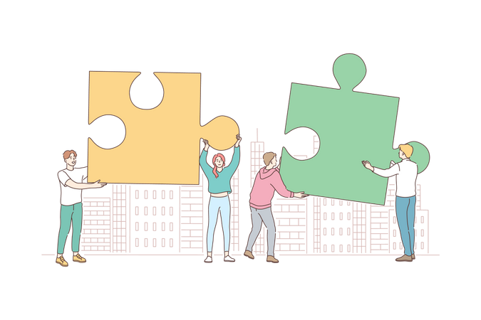 Team solving jigsaw puzzle  Illustration