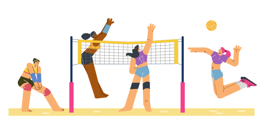 Team sports game women playing volleyball on the court  Illustration