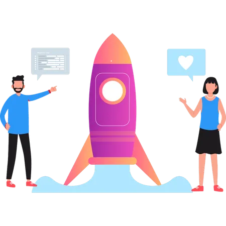 Boy And Girl Standing Next To Business Rocket イラスト
