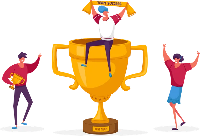 Cheerful People Characters Laughing With Hands Up Around Of Huge Gold Cup With Man Sitting On Top Employees Rejoice For New Project Success Joyful Colleagues Teamwork Linear Vector Illustration Illustration