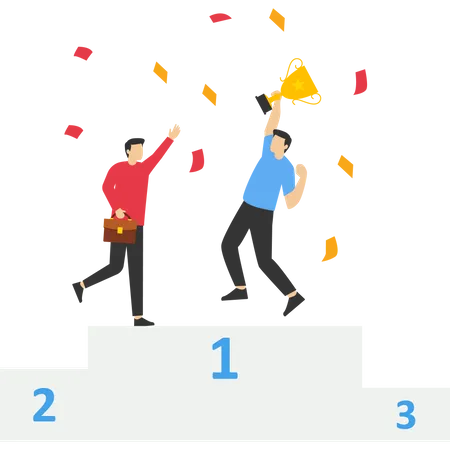 Team Success Concept Win Together Group Winner Or Team Win Concept Team Work Or Collaboration To Achieve Common Goal Businessman And Businessman Colleagues Holding Win Trophy On First Place Podium Illustration