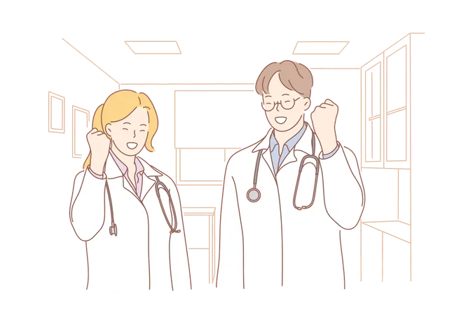 Success Goal Achievement Winning Medicine Concept Team Couple Of Young Smiling Man And Woman Boy Girl Doctors Cartoon Characters Happy About Victory Reaching Purposes And Healthcare Illustration Illustration