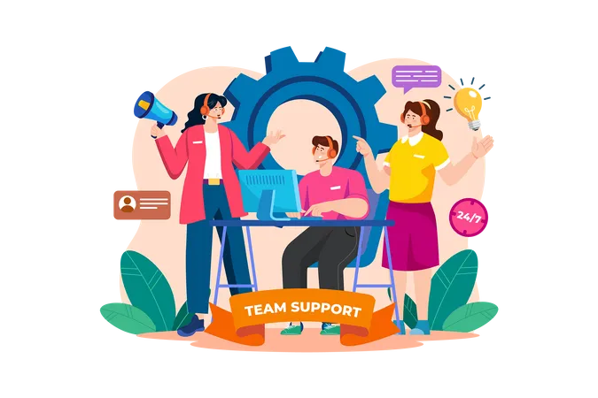 Die Team-Support-Abteilung berät die Büromitarbeiter des Kunden  Illustration