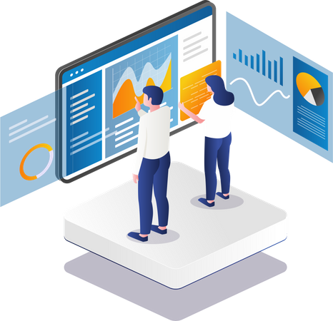 Das Team verarbeitet analytische Daten auf dem Dashboard-Monitor  Illustration